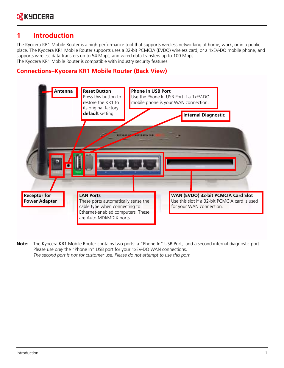 1introduction, Connections–kyocera kr1 mobile router (back view) | Kyocera KR1 User Manual | Page 5 / 52