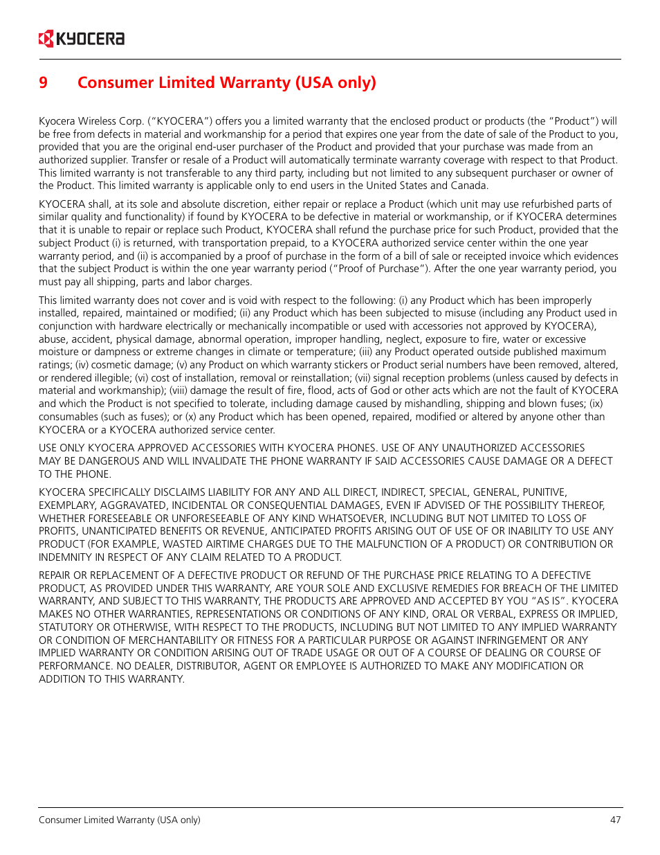 9consumer limited warranty (usa only) | Kyocera KR1 User Manual | Page 51 / 52