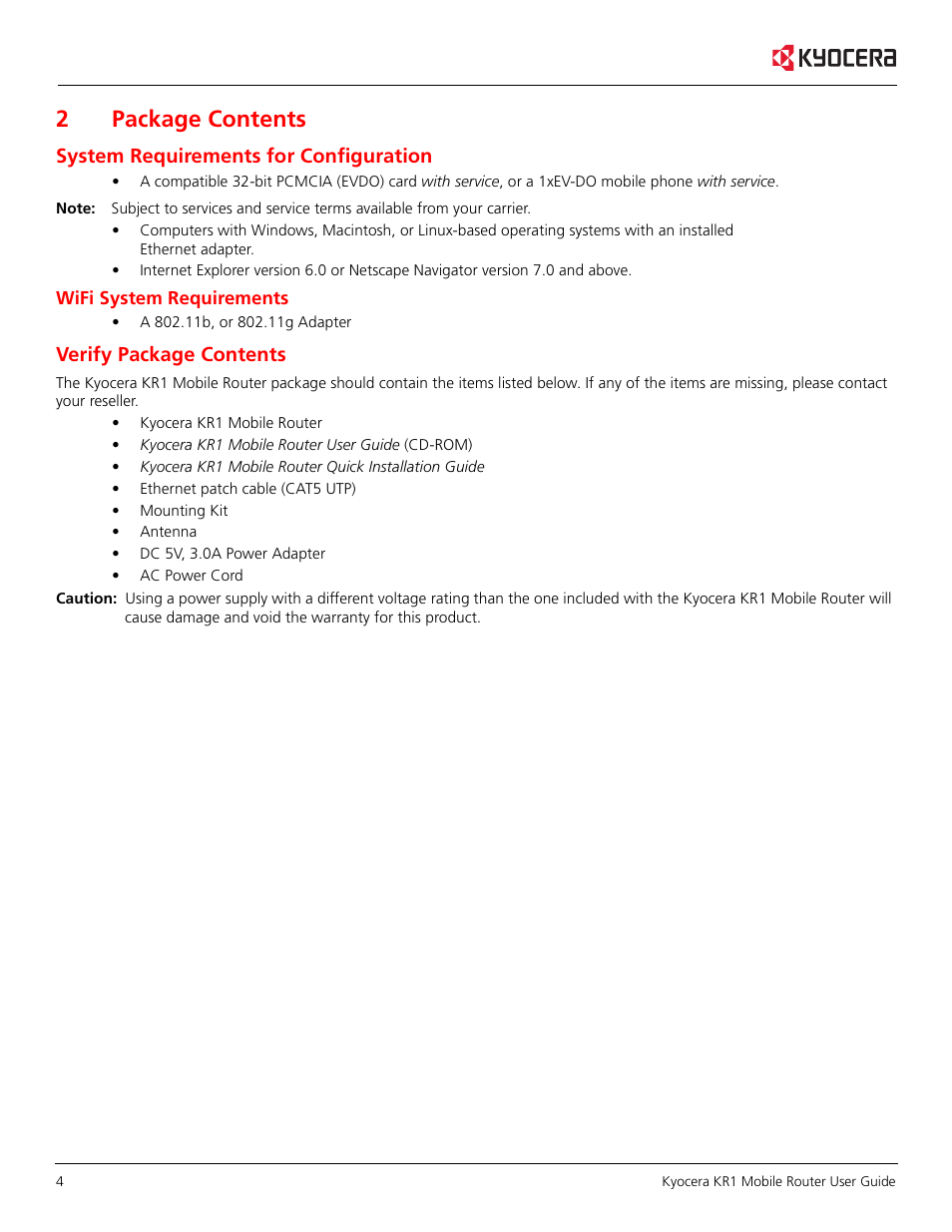 2package contents, System requirements for configuration, Verify package contents | Kyocera KR1 User Manual | Page 8 / 52