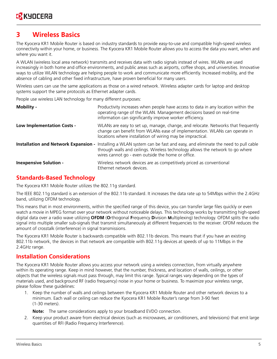 3wireless basics, Standards-based technology, Installation considerations | Kyocera KR1 User Manual | Page 9 / 52