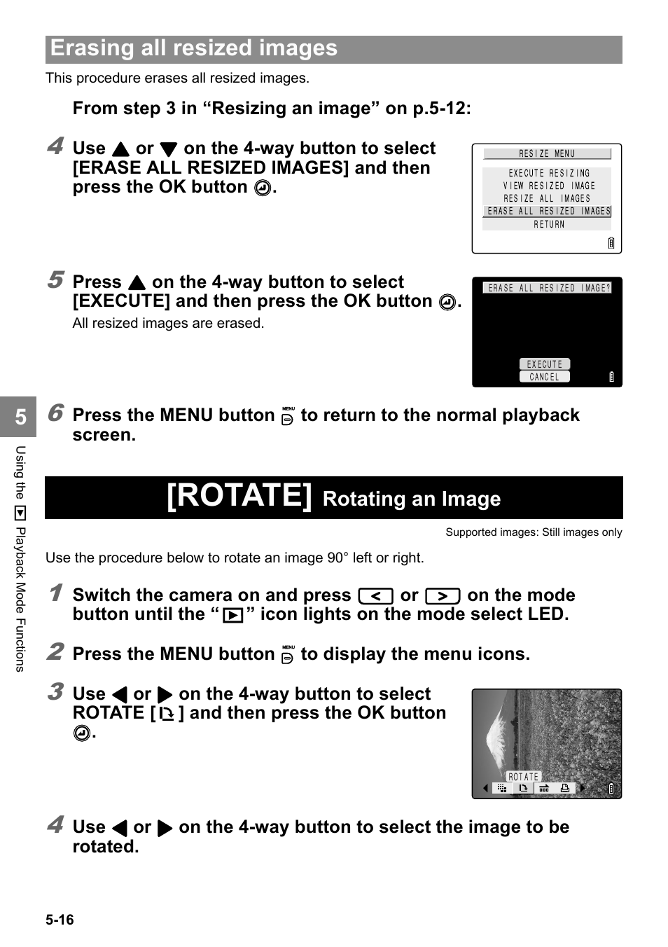 Rotate, Erasing all resized images, Rotating an image | Kyocera Finecam SL400R User Manual | Page 100 / 134