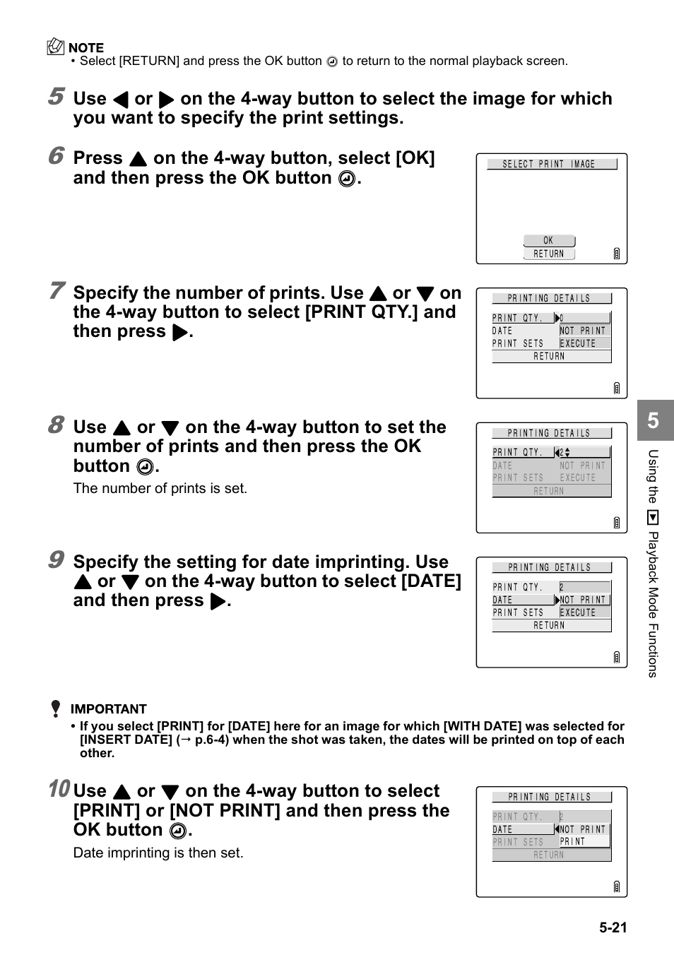 Press, Specify the number of prints. use, Specify the setting for date imprinting. use | Kyocera Finecam SL400R User Manual | Page 105 / 134