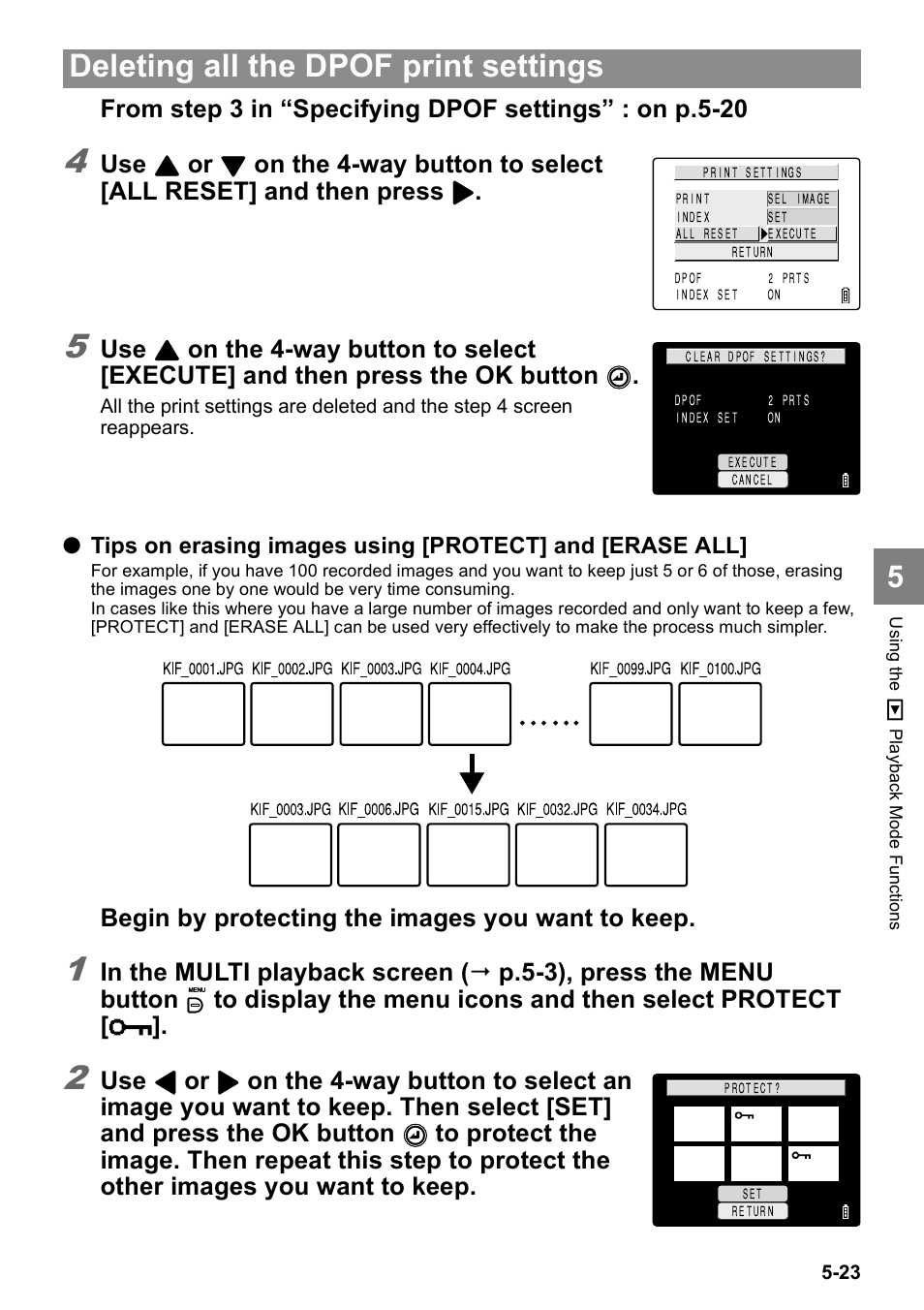 Deleting all the dpof print settings, Begin by protecting the images you want to keep | Kyocera Finecam SL400R User Manual | Page 107 / 134
