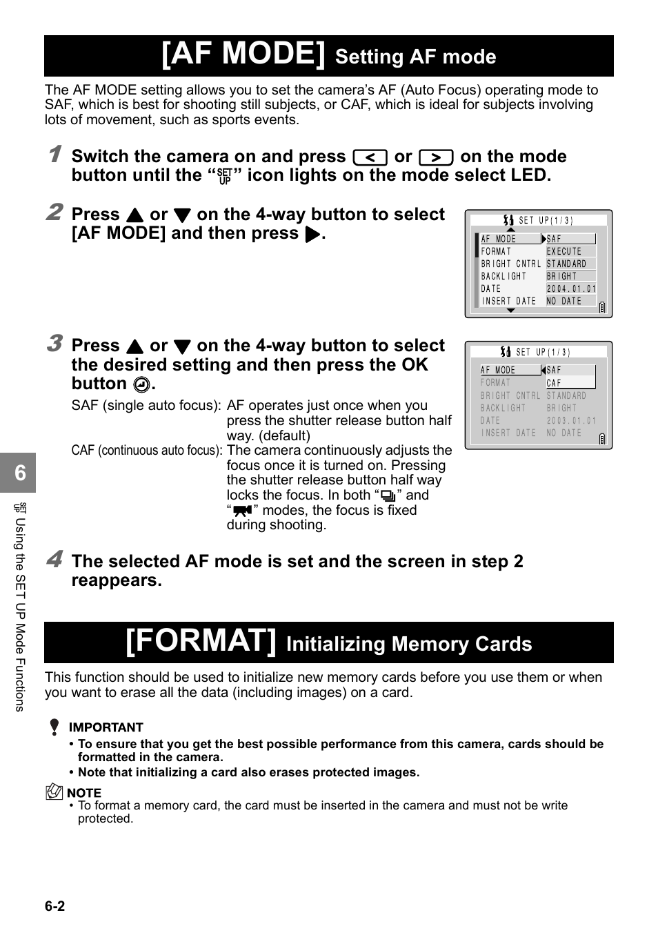 Af mode, Format, Setting af mode | Switch the camera on and press, On the mode button until the, Icon lights on the mode select led, Press | Kyocera Finecam SL400R User Manual | Page 110 / 134