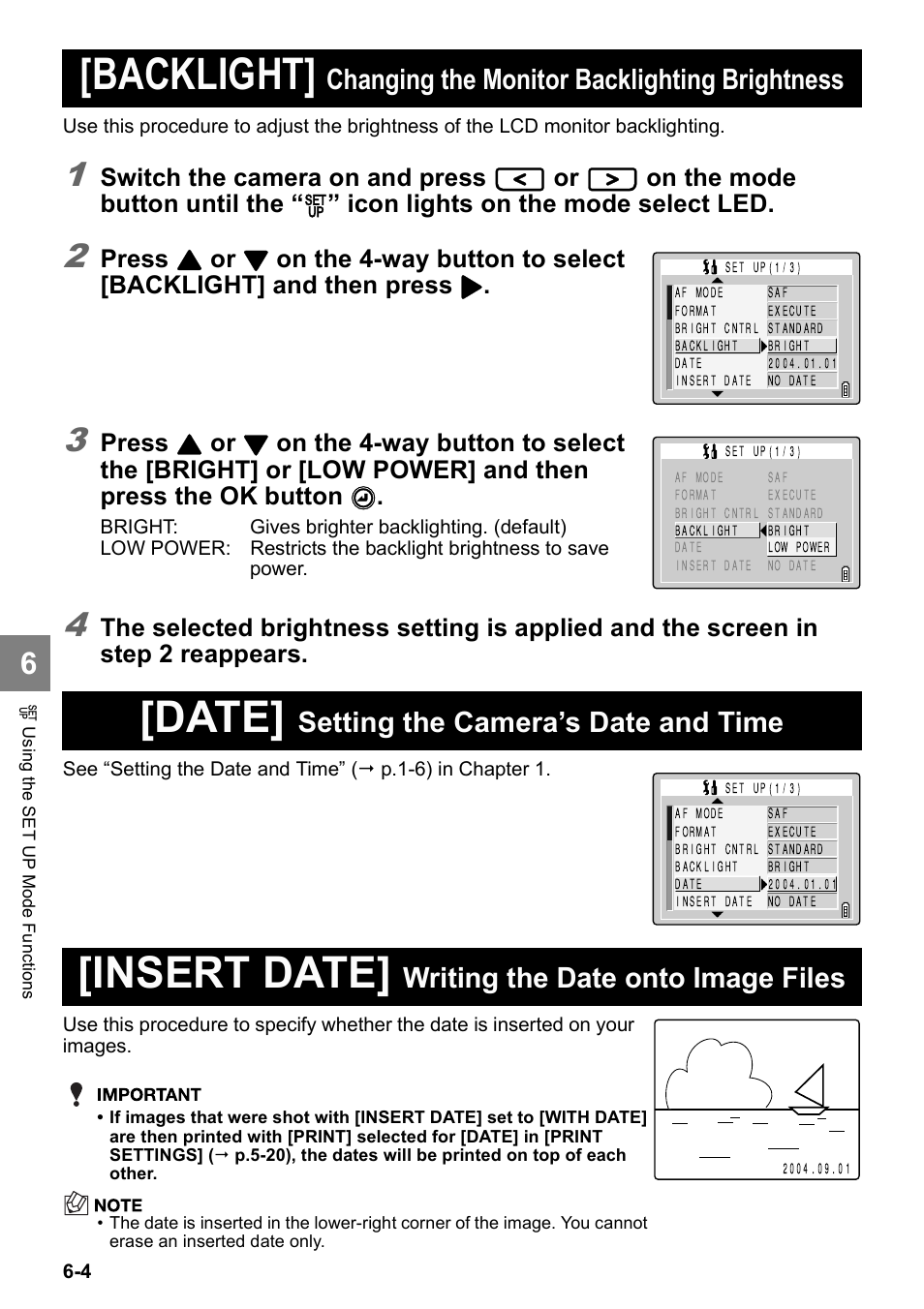 Backlight, Date, Insert date | Changing the monitor backlighting brightness, Setting the camera’s date and time, Writing the date onto image files, Switch the camera on and press, On the mode button until the, Icon lights on the mode select led, Press | Kyocera Finecam SL400R User Manual | Page 112 / 134