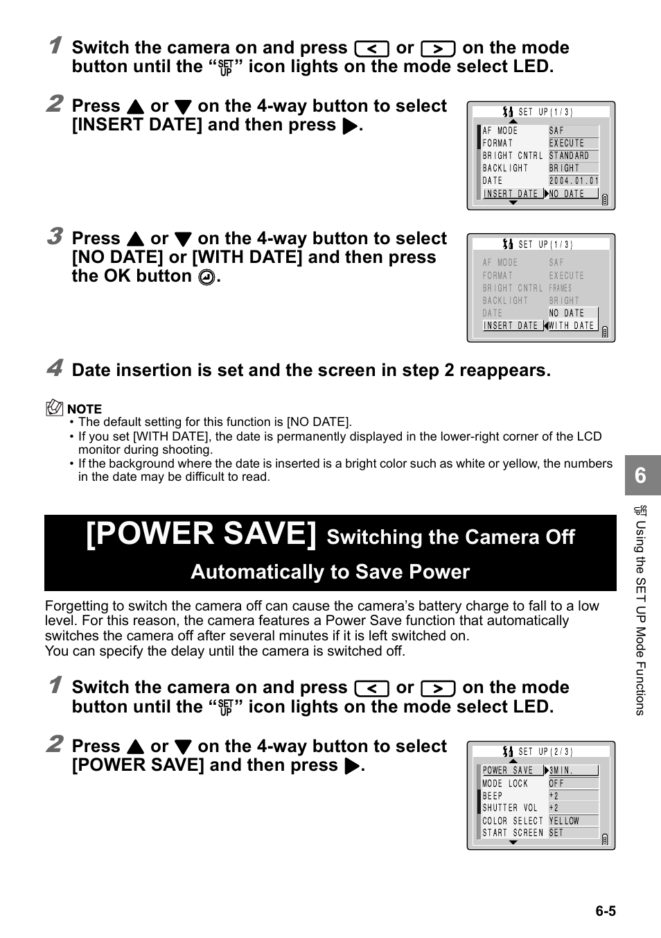 Power save, Switch the camera on and press, On the mode button until the | Icon lights on the mode select led, Press | Kyocera Finecam SL400R User Manual | Page 113 / 134