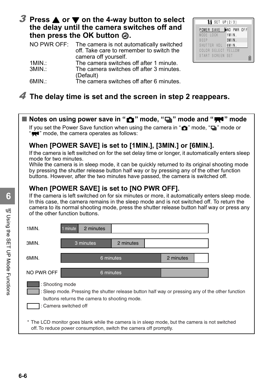 Press, Mode, Mode and | When [power save] is set to [no pwr off | Kyocera Finecam SL400R User Manual | Page 114 / 134