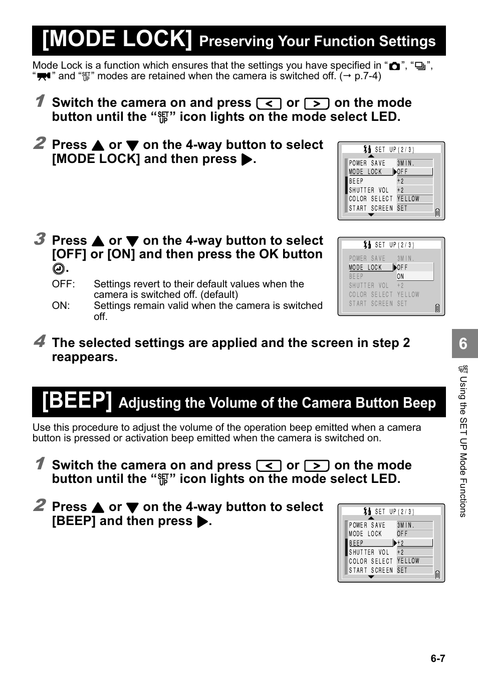 Mode lock, Beep, Preserving your function settings | Adjusting the volume of the camera button beep, Switch the camera on and press, On the mode button until the, Icon lights on the mode select led, Press | Kyocera Finecam SL400R User Manual | Page 115 / 134