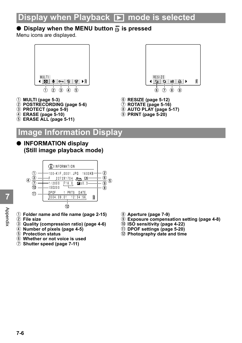 Display when playback p mode is selected, Image information display, Display when the menu button k is pressed | Information display (still image playback mode) | Kyocera Finecam SL400R User Manual | Page 128 / 134