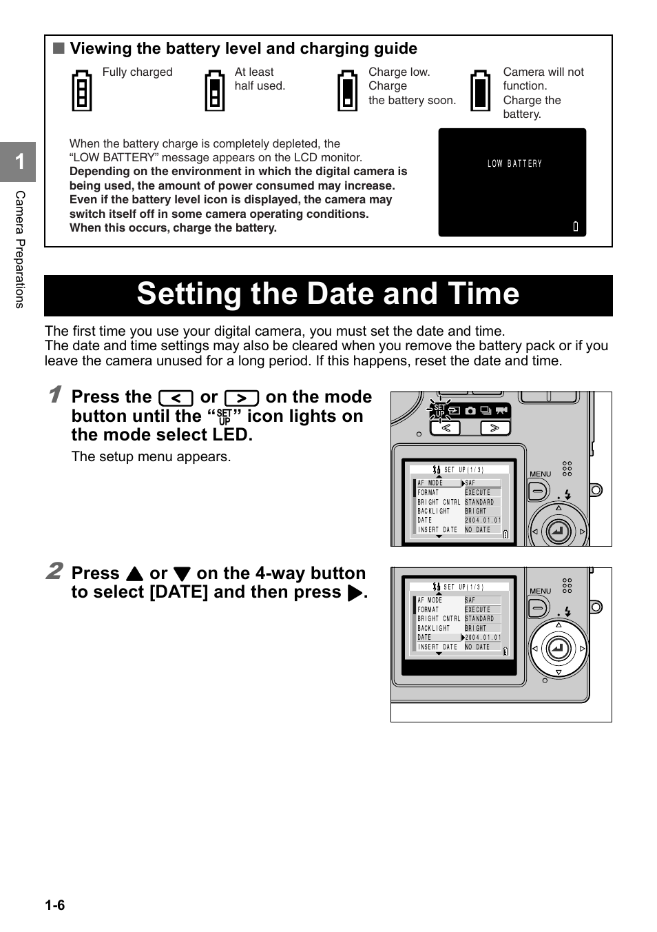 Setting the date and time, Press the, On the mode button until the | Icon lights on the mode select led, Press, Viewing the battery level and charging guide | Kyocera Finecam SL400R User Manual | Page 22 / 134