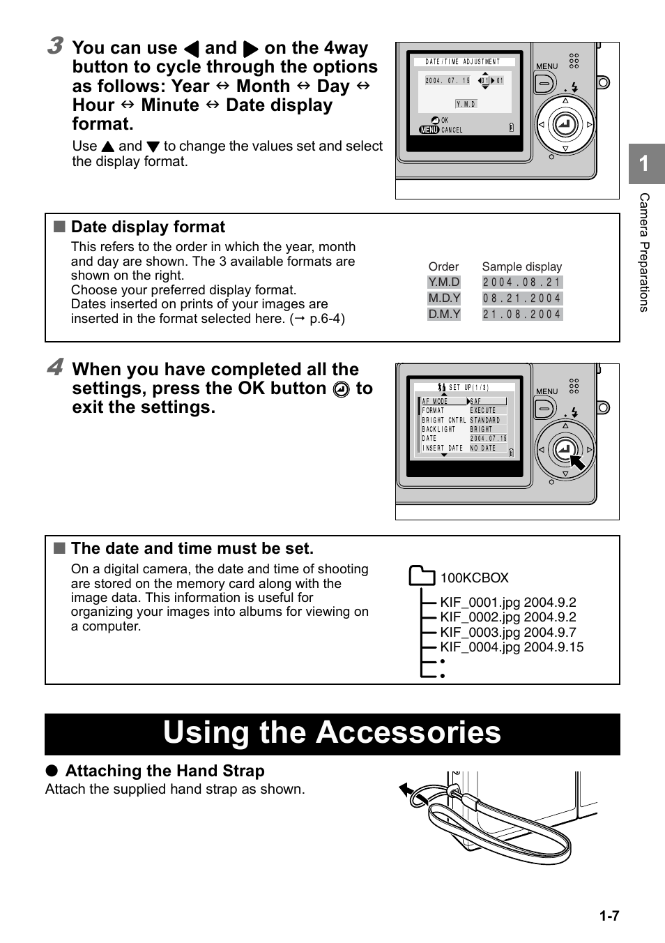 Using the accessories, You can use, Attaching the hand strap | Date display format, The date and time must be set | Kyocera Finecam SL400R User Manual | Page 23 / 134