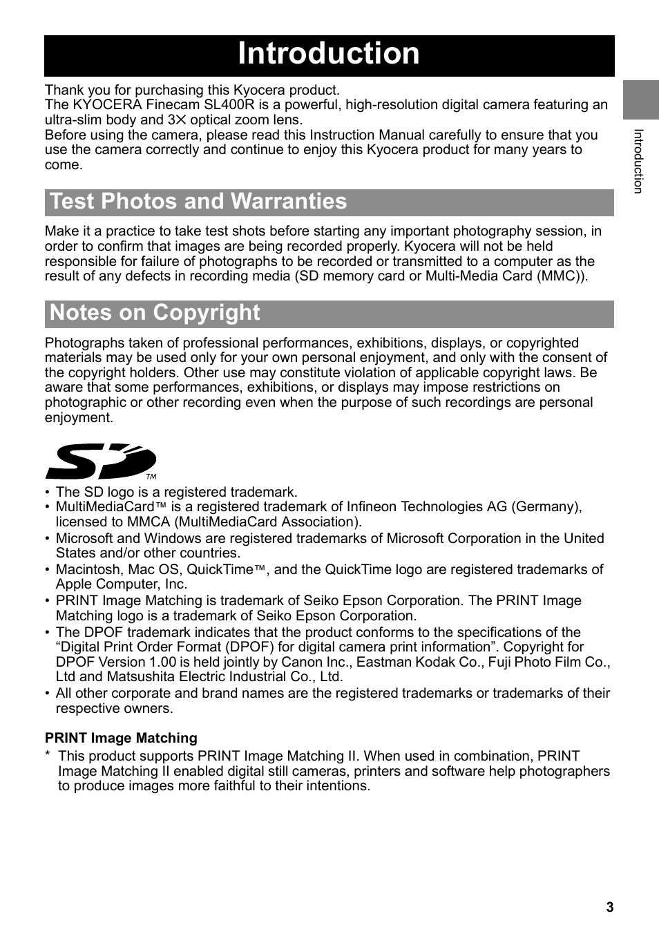 Introduction | Kyocera Finecam SL400R User Manual | Page 3 / 134