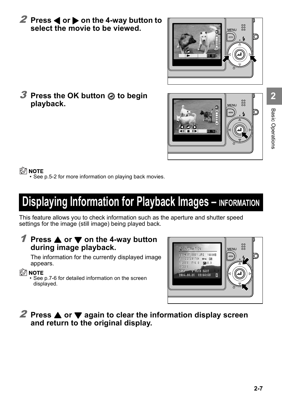 Displaying information for playback images, Information, Press | Press the ok button, On the 4-way button during image playback | Kyocera Finecam SL400R User Manual | Page 31 / 134