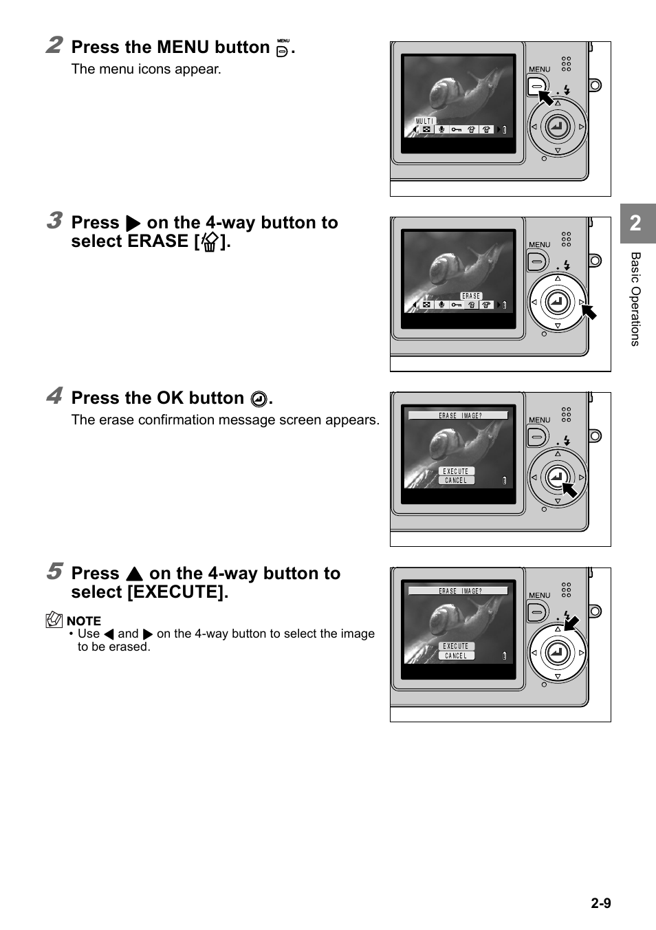 Press the menu button k, Press, On the 4-way button to select erase | Press the ok button, On the 4-way button to select [execute | Kyocera Finecam SL400R User Manual | Page 33 / 134