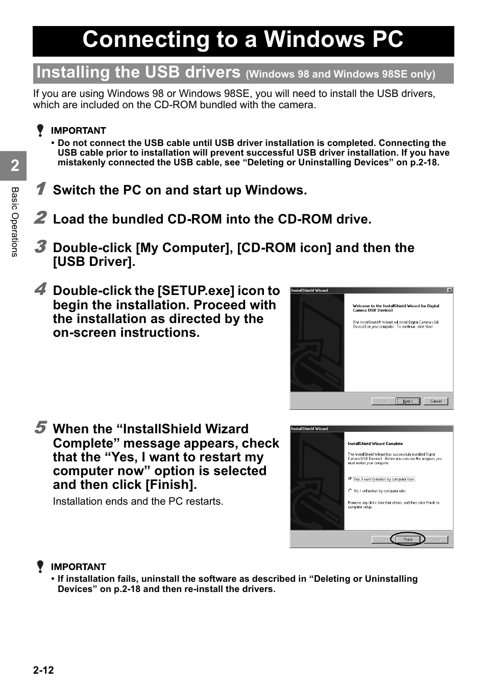 Connecting to a windows pc, Installing the usb drivers | Kyocera Finecam SL400R User Manual | Page 36 / 134