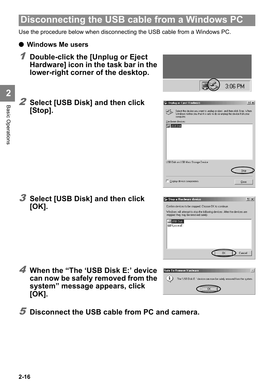 Disconnecting the usb cable from a windows pc | Kyocera Finecam SL400R User Manual | Page 40 / 134