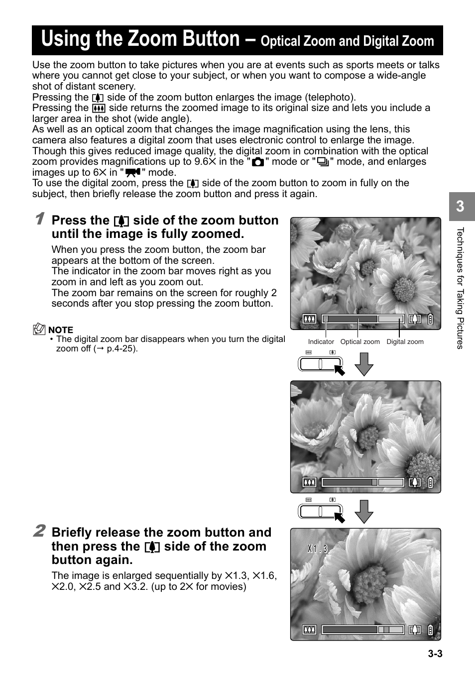 Using the zoom button, Optical zoom and digital zoom, Press the | Briefly release the zoom button and then press the, Side of the zoom button again | Kyocera Finecam SL400R User Manual | Page 51 / 134