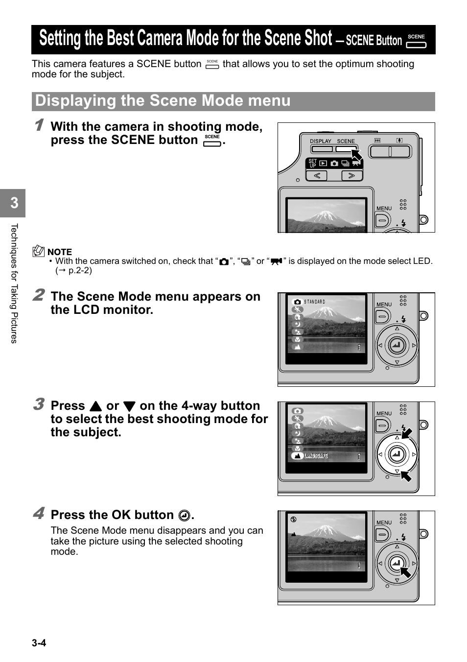 Setting the best camera mode for the scene shot, Displaying the scene mode menu, Scene button | Kyocera Finecam SL400R User Manual | Page 52 / 134