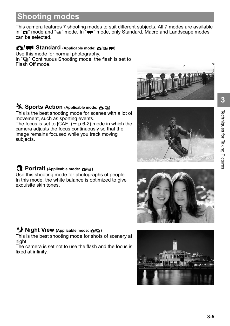 Shooting modes, Standard, Sports action | Portrait, Night view | Kyocera Finecam SL400R User Manual | Page 53 / 134
