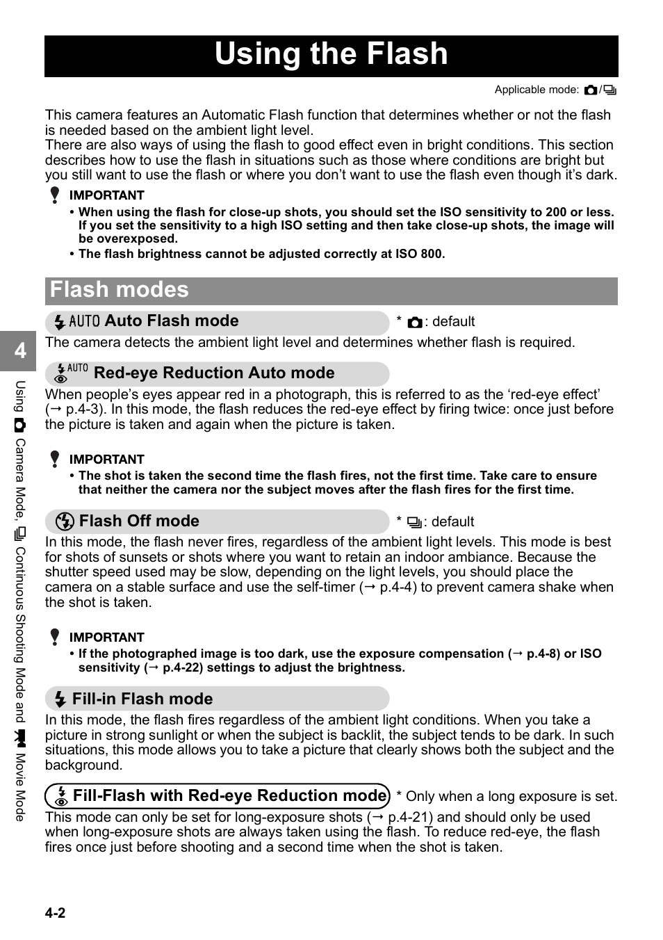 Using the flash, Flash modes | Kyocera Finecam SL400R User Manual | Page 60 / 134