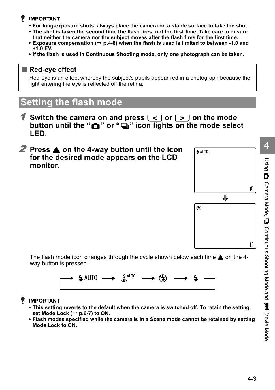 Setting the flash mode, Switch the camera on and press, On the mode button until the | Icon lights on the mode select led, Press | Kyocera Finecam SL400R User Manual | Page 61 / 134