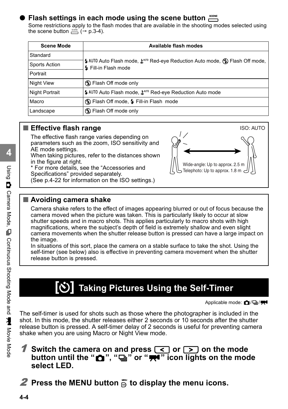 Taking pictures using the self-timer, Switch the camera on and press, On the mode button until the | Icon lights on the mode select led, Press the menu button k to display the menu icons | Kyocera Finecam SL400R User Manual | Page 62 / 134