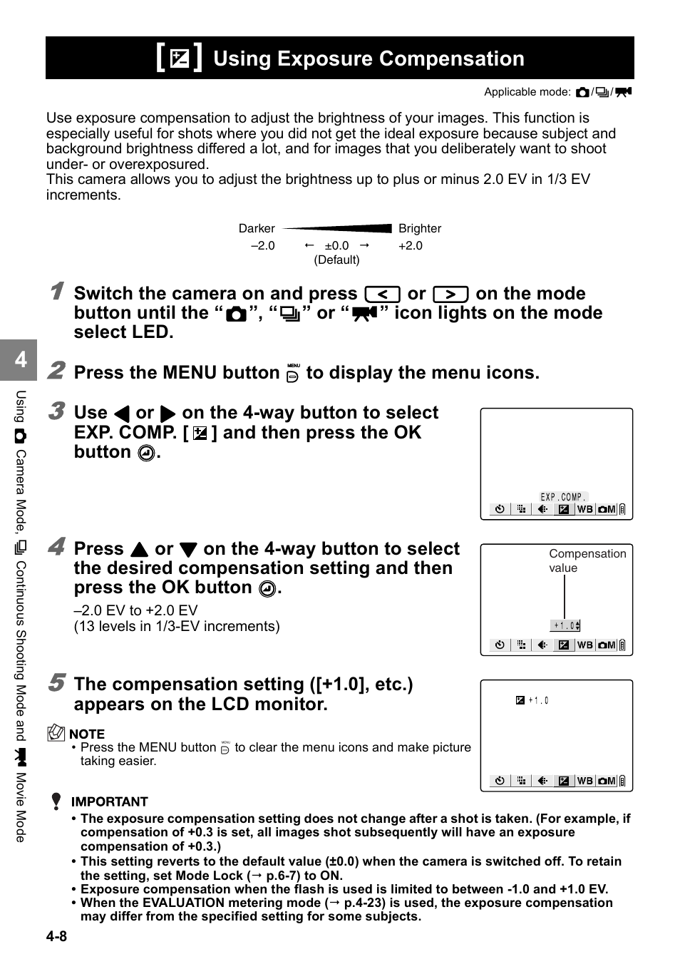 Using exposure compensation | Kyocera Finecam SL400R User Manual | Page 66 / 134