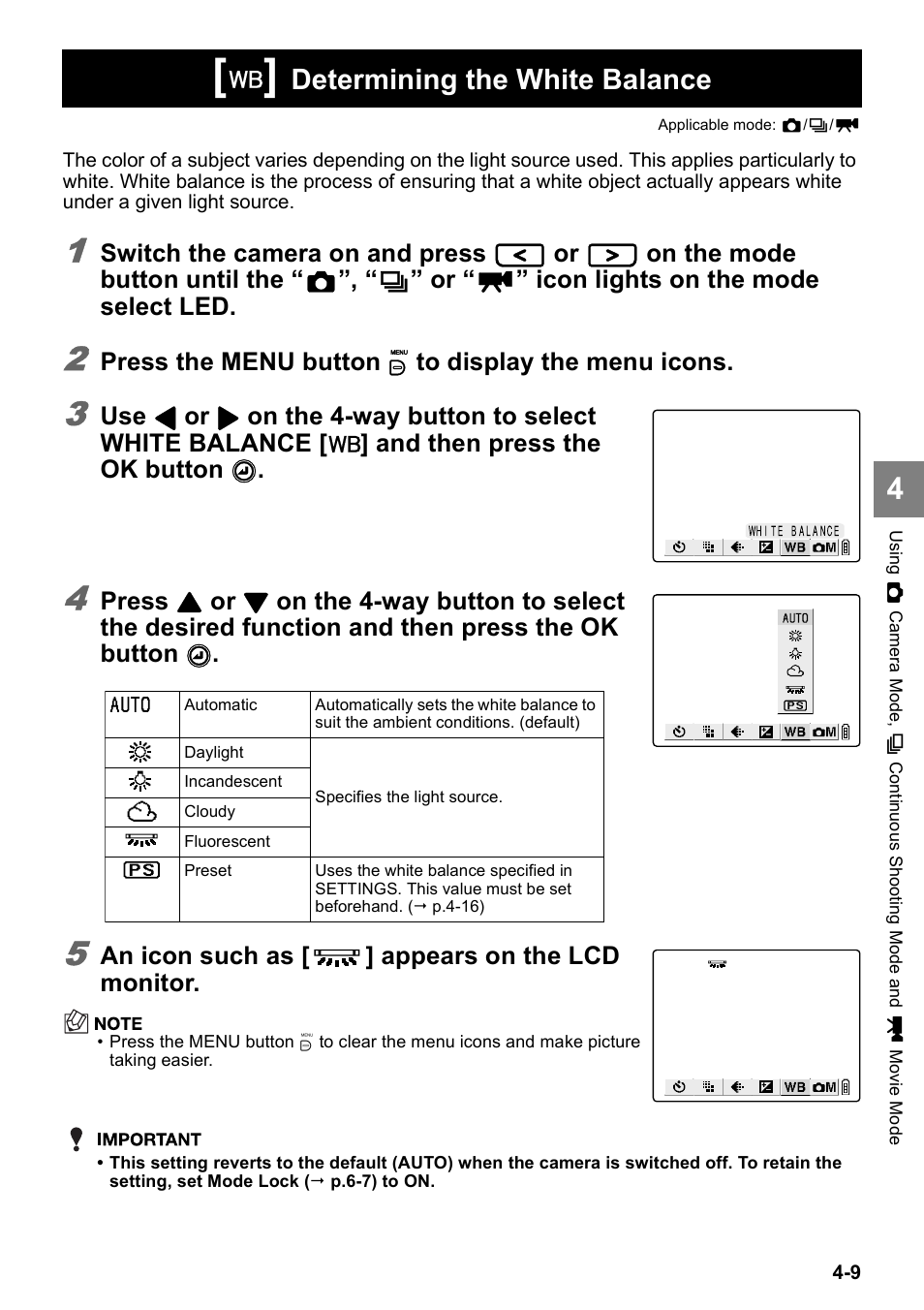 Determining the white balance | Kyocera Finecam SL400R User Manual | Page 67 / 134