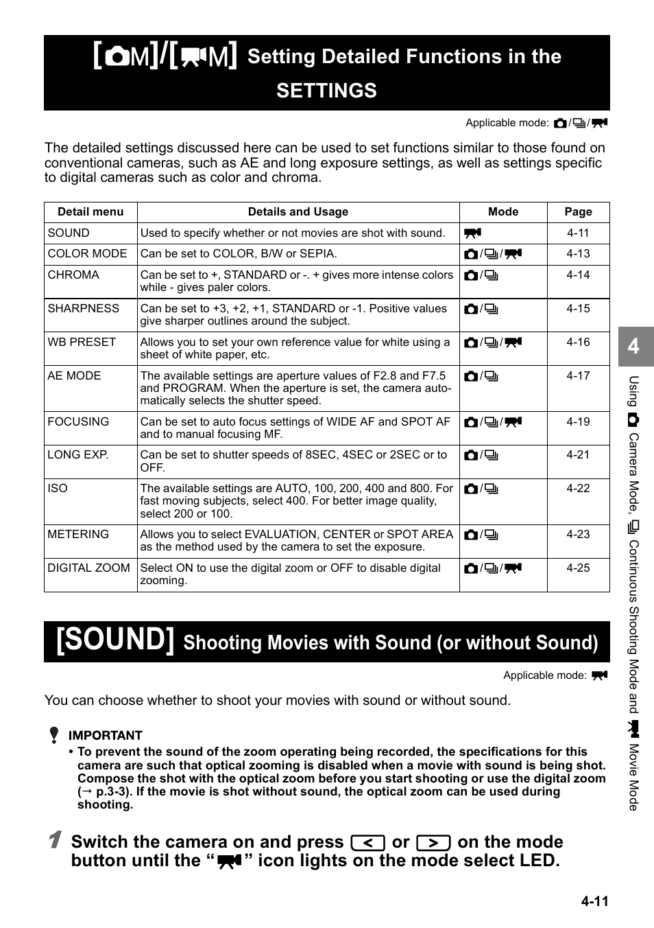 Sound, Setting detailed functions in the settings, Shooting movies with sound (or without sound) | Switch the camera on and press, On the mode button until the, Icon lights on the mode select led | Kyocera Finecam SL400R User Manual | Page 69 / 134