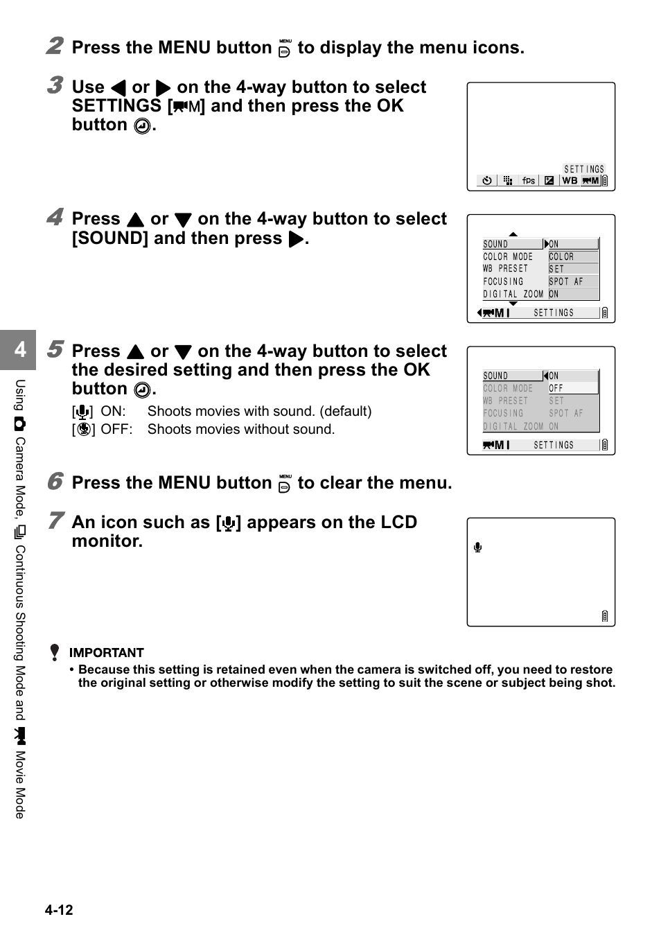Press the menu button k to display the menu icons, Press, Press the menu button k to clear the menu | An icon such as [ ] appears on the lcd monitor | Kyocera Finecam SL400R User Manual | Page 70 / 134