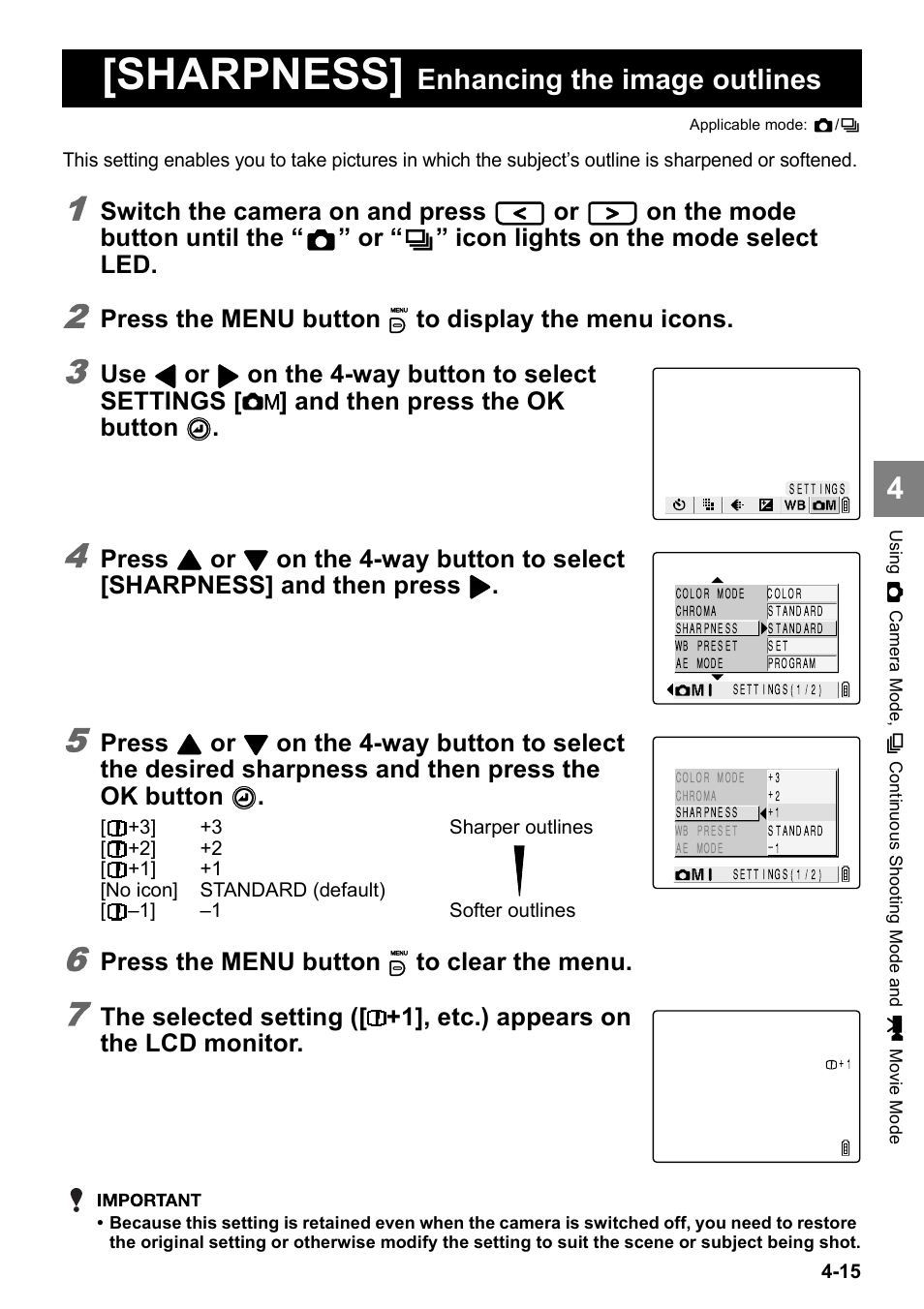 Sharpness, Enhancing the image outlines, Switch the camera on and press | On the mode button until the, Icon lights on the mode select led, Press the menu button k to display the menu icons, Press, Press the menu button k to clear the menu | Kyocera Finecam SL400R User Manual | Page 73 / 134