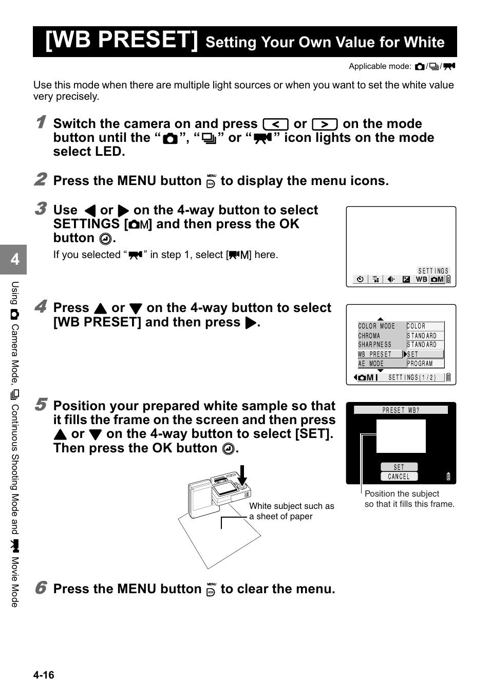 Wb preset, Setting your own value for white | Kyocera Finecam SL400R User Manual | Page 74 / 134