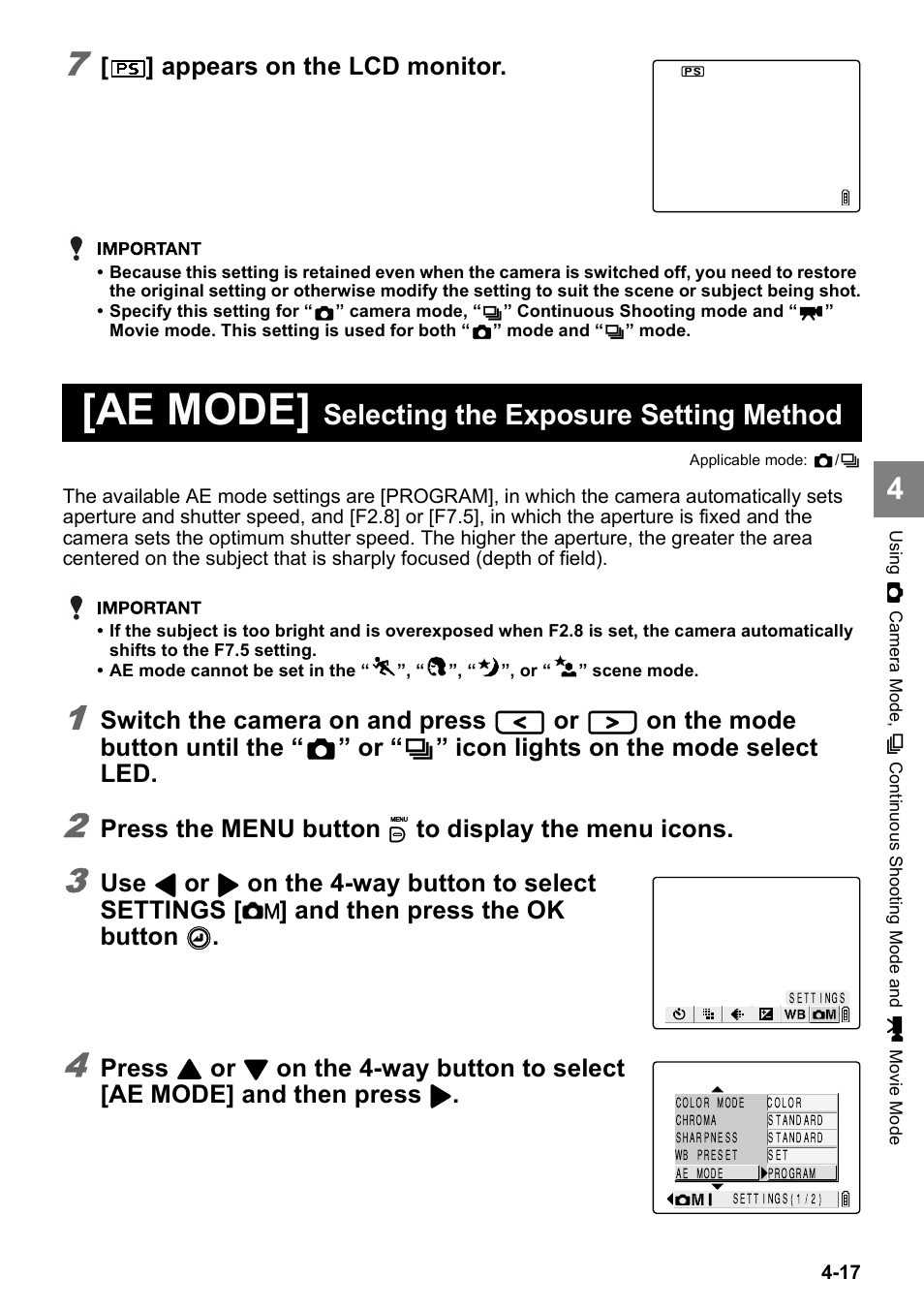 Ae mode, Selecting the exposure setting method, Appears on the lcd monitor | Switch the camera on and press, On the mode button until the, Icon lights on the mode select led, Press the menu button k to display the menu icons, Press | Kyocera Finecam SL400R User Manual | Page 75 / 134