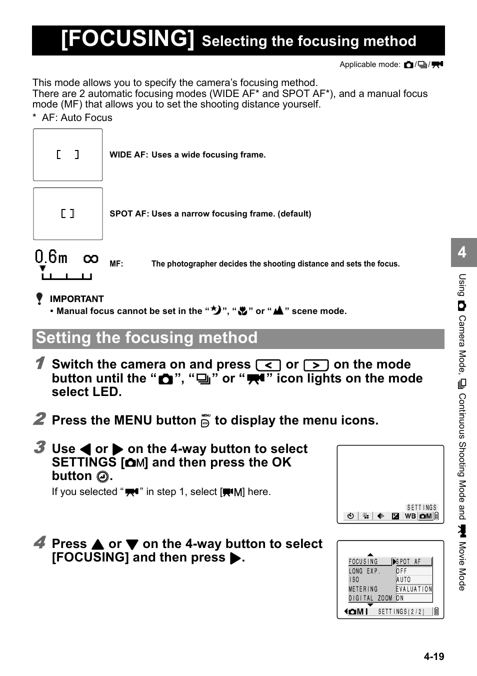 Focusing, Setting the focusing method, Selecting the focusing method | Switch the camera on and press, On the mode button until the, Icon lights on the mode select led, Press the menu button k to display the menu icons, Press | Kyocera Finecam SL400R User Manual | Page 77 / 134
