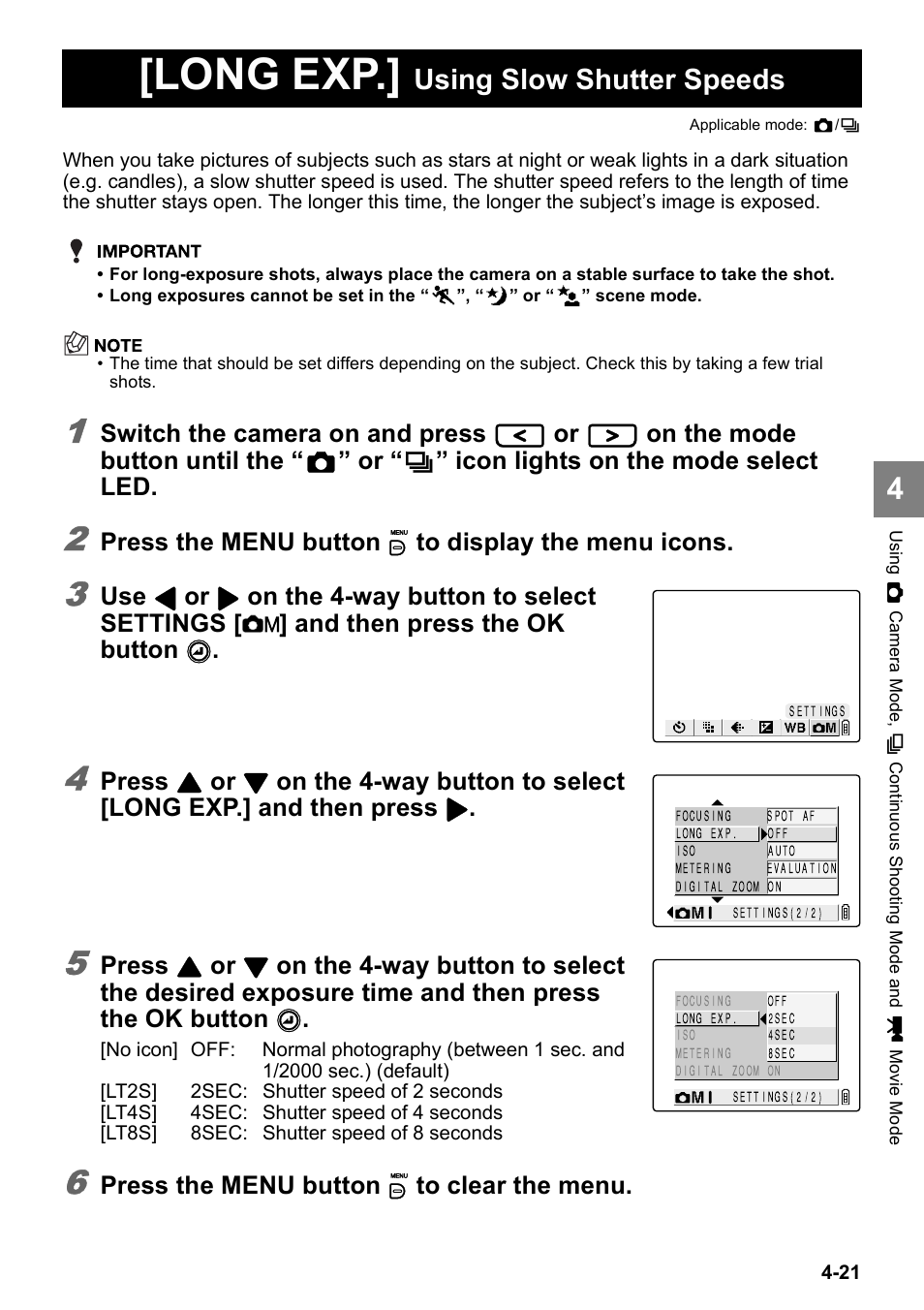 Long exp, Using slow shutter speeds, Switch the camera on and press | On the mode button until the, Icon lights on the mode select led, Press the menu button k to display the menu icons, Press, Press the menu button k to clear the menu | Kyocera Finecam SL400R User Manual | Page 79 / 134