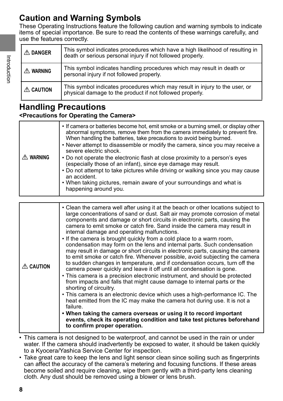 Caution and warning symbols, Handling precautions | Kyocera Finecam SL400R User Manual | Page 8 / 134