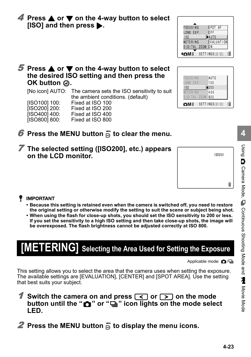 Metering, Selecting the area used for setting the exposure, Press | On the 4-way button to select [iso] and then press, Press the menu button k to clear the menu, Switch the camera on and press, On the mode button until the, Icon lights on the mode select led, Press the menu button k to display the menu icons | Kyocera Finecam SL400R User Manual | Page 81 / 134