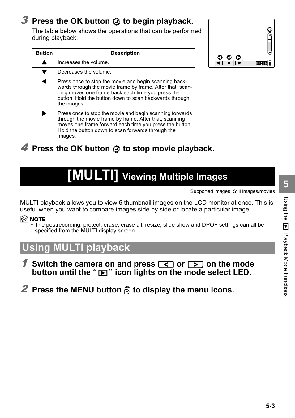 Multi, Using multi playback, Viewing multiple images | Press the ok button, Switch the camera on and press, On the mode button until the, Icon lights on the mode select led, Press the menu button k to display the menu icons | Kyocera Finecam SL400R User Manual | Page 87 / 134