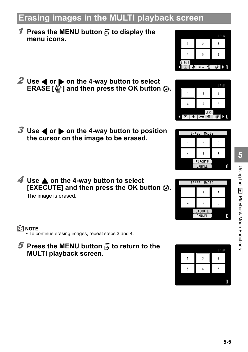 Erasing images in the multi playback screen, Press the menu button k to display the menu icons | Kyocera Finecam SL400R User Manual | Page 89 / 134