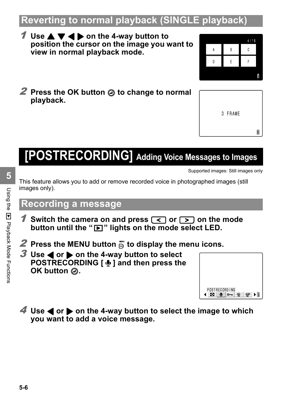 Postrecording, Reverting to normal playback (single playback), Recording a message | Adding voice messages to images | Kyocera Finecam SL400R User Manual | Page 90 / 134