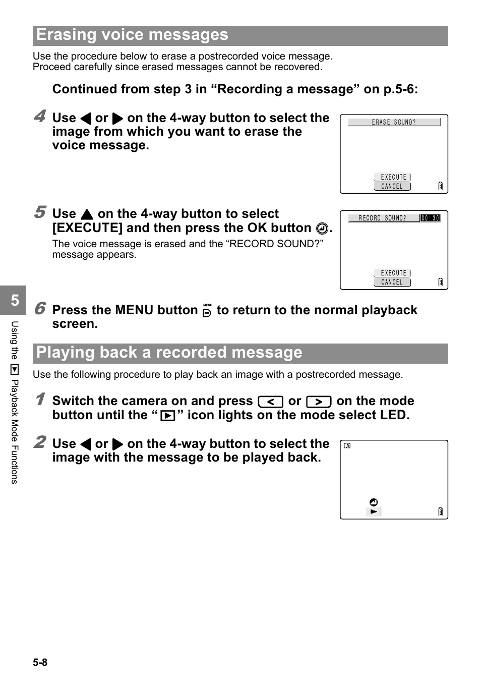 Erasing voice messages, Playing back a recorded message | Kyocera Finecam SL400R User Manual | Page 92 / 134