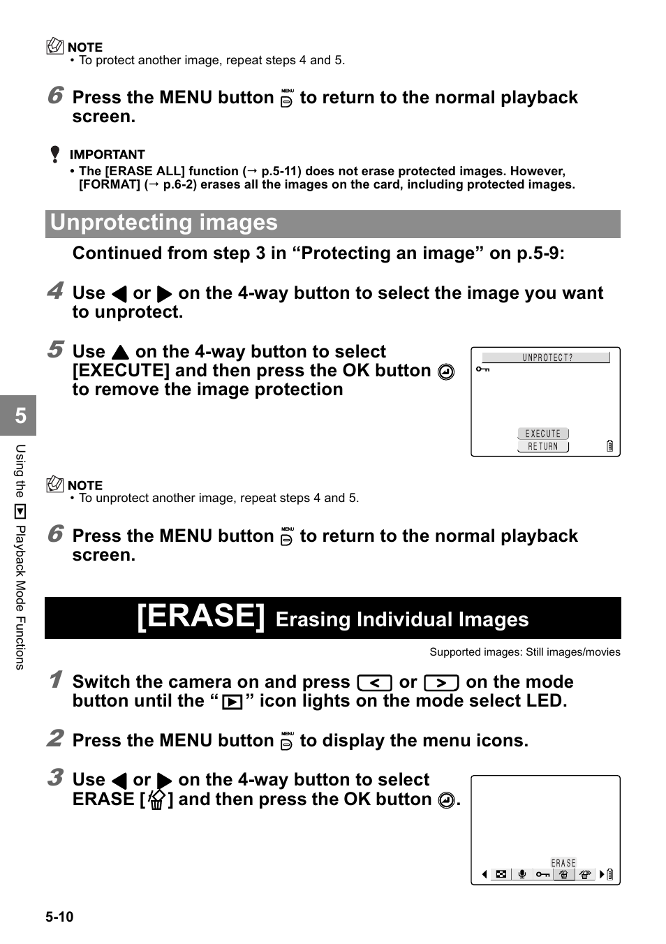 Erase, Unprotecting images, Erasing individual images | Kyocera Finecam SL400R User Manual | Page 94 / 134