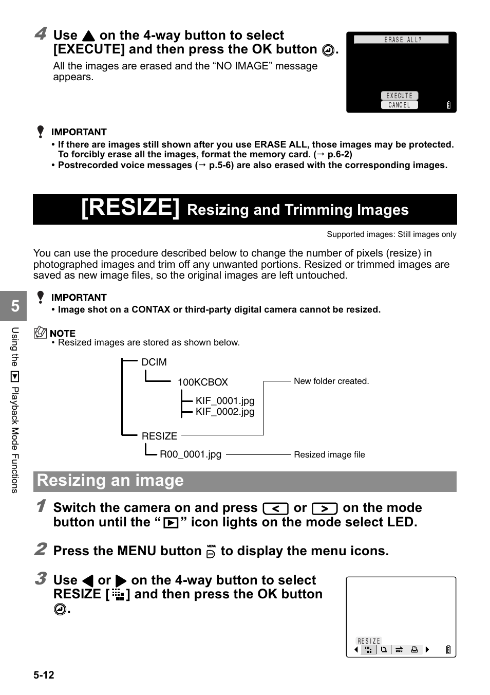 Resize, Resizing an image, Resizing and trimming images | Kyocera Finecam SL400R User Manual | Page 96 / 134