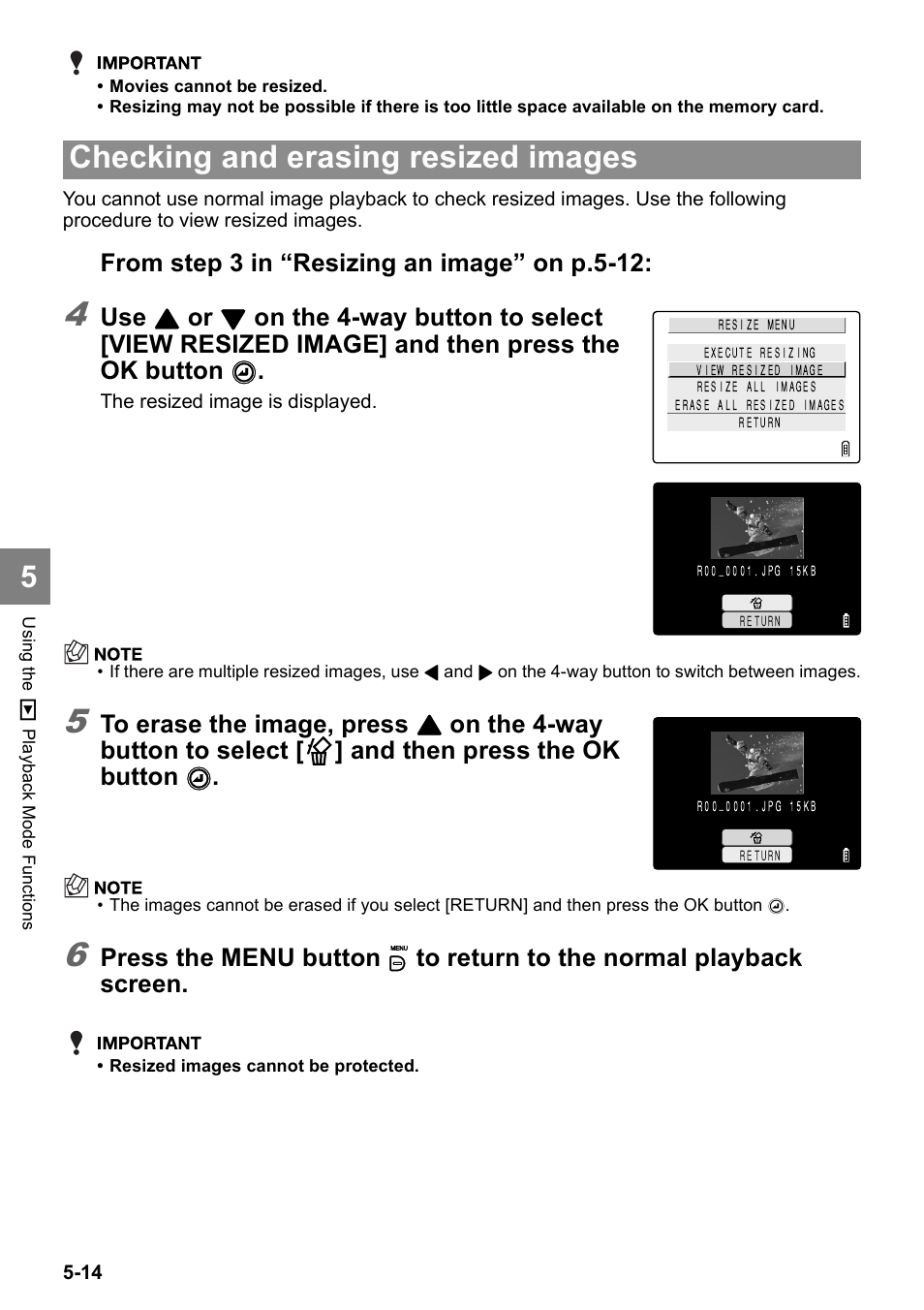 Checking and erasing resized images | Kyocera Finecam SL400R User Manual | Page 98 / 134