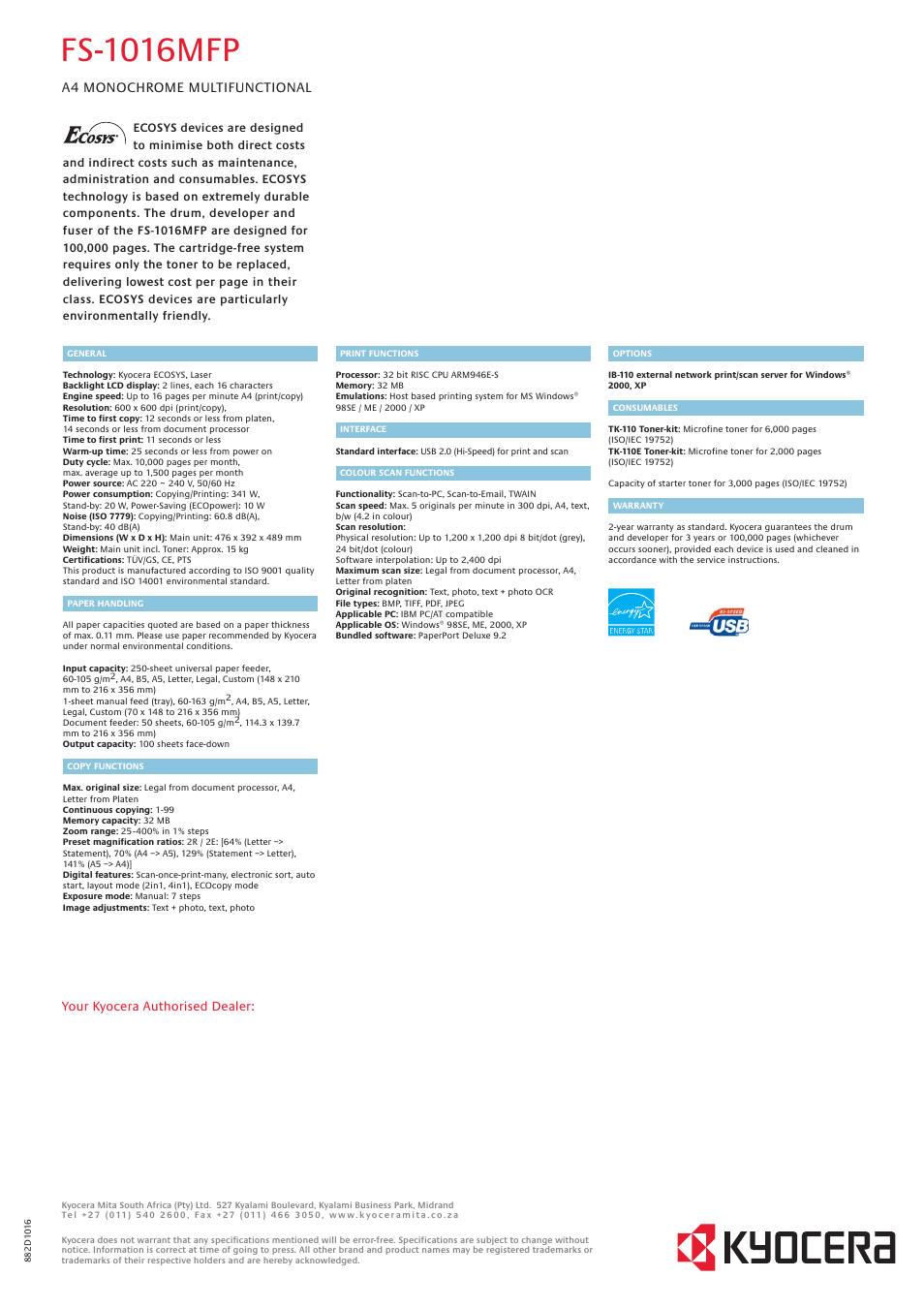 Fs-1016mfp, A4 monochrome multifunctional | Kyocera ECOSYS FS-1016MFP User Manual | Page 2 / 2