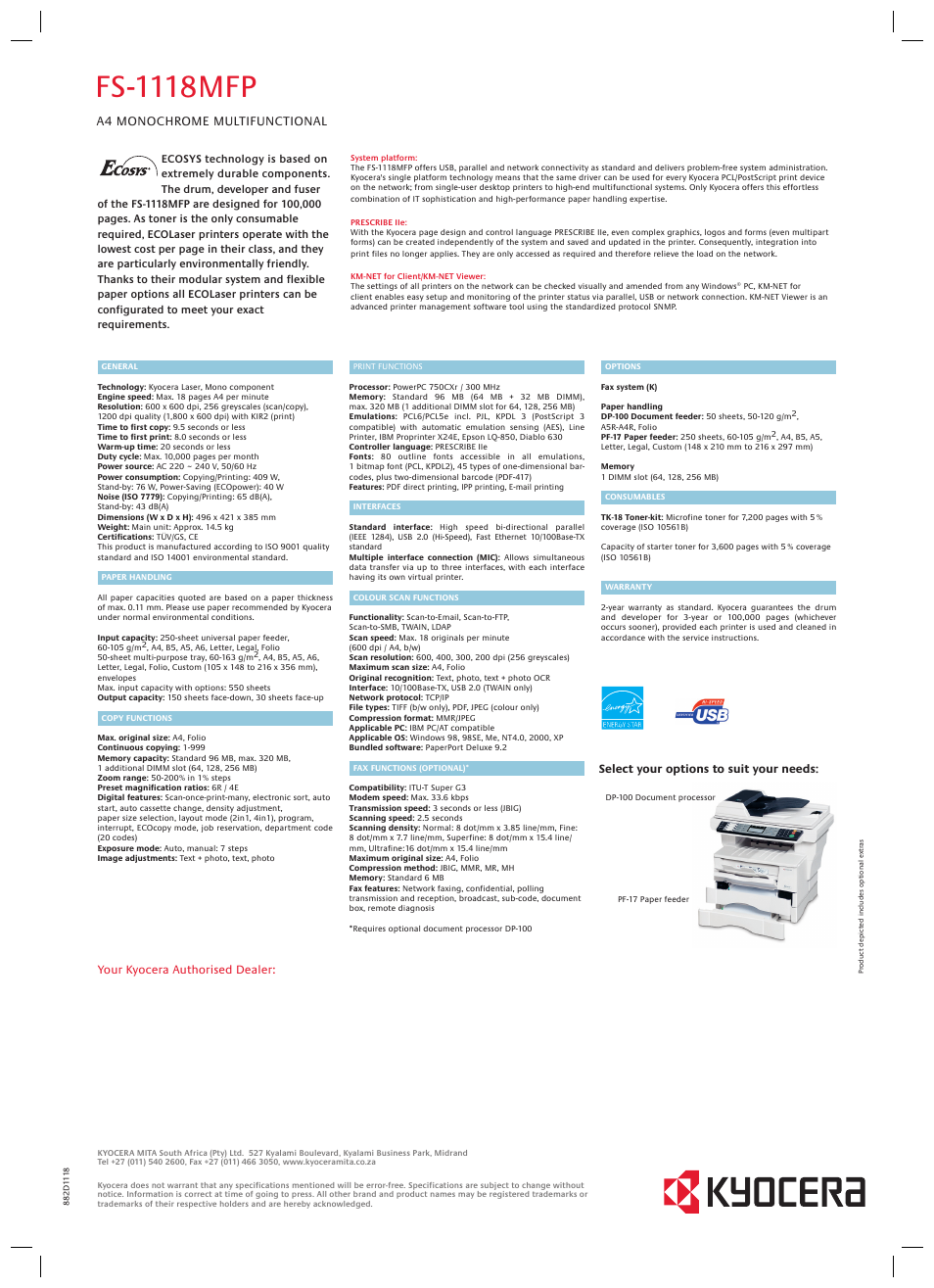 Fs-1118mfp, A4 monochrome multifunctional | Kyocera Mita FS-1118MFP User Manual | Page 2 / 2