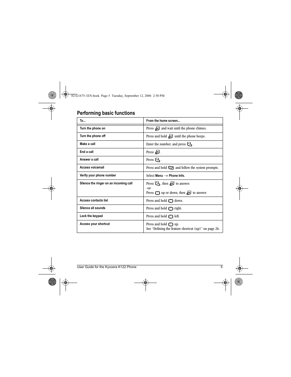 Performing basic functions | Kyocera K122 User Manual | Page 13 / 48