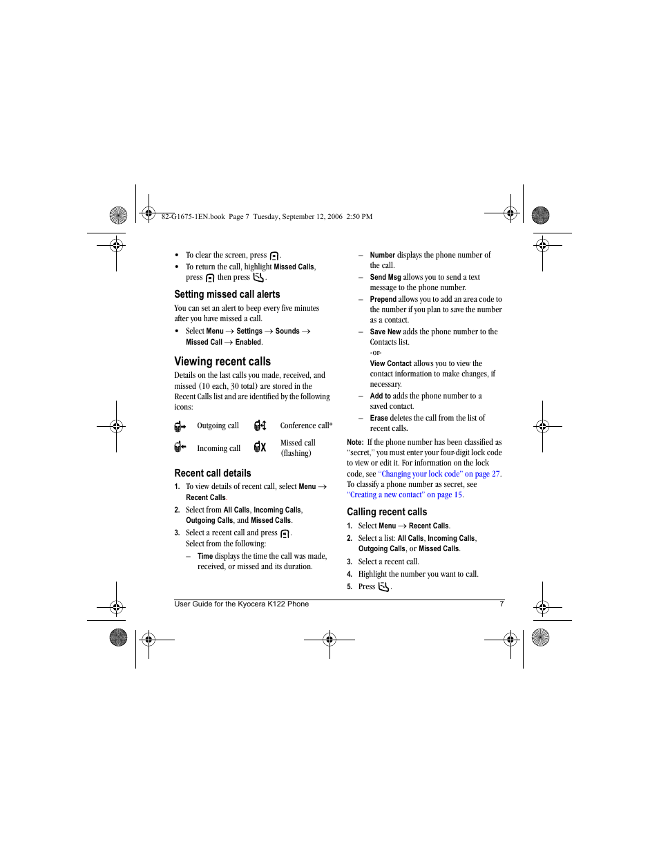 Viewing recent calls | Kyocera K122 User Manual | Page 15 / 48