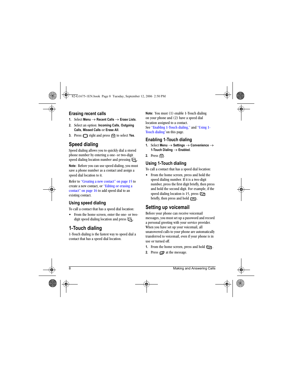 Speed dialing, Touch dialing, Setting up voicemail | Kyocera K122 User Manual | Page 16 / 48