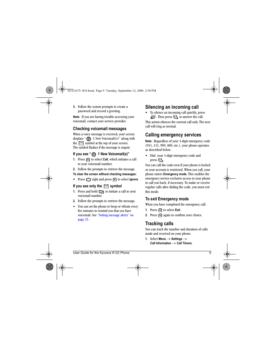 Silencing an incoming call, Calling emergency services, Tracking calls | Kyocera K122 User Manual | Page 17 / 48
